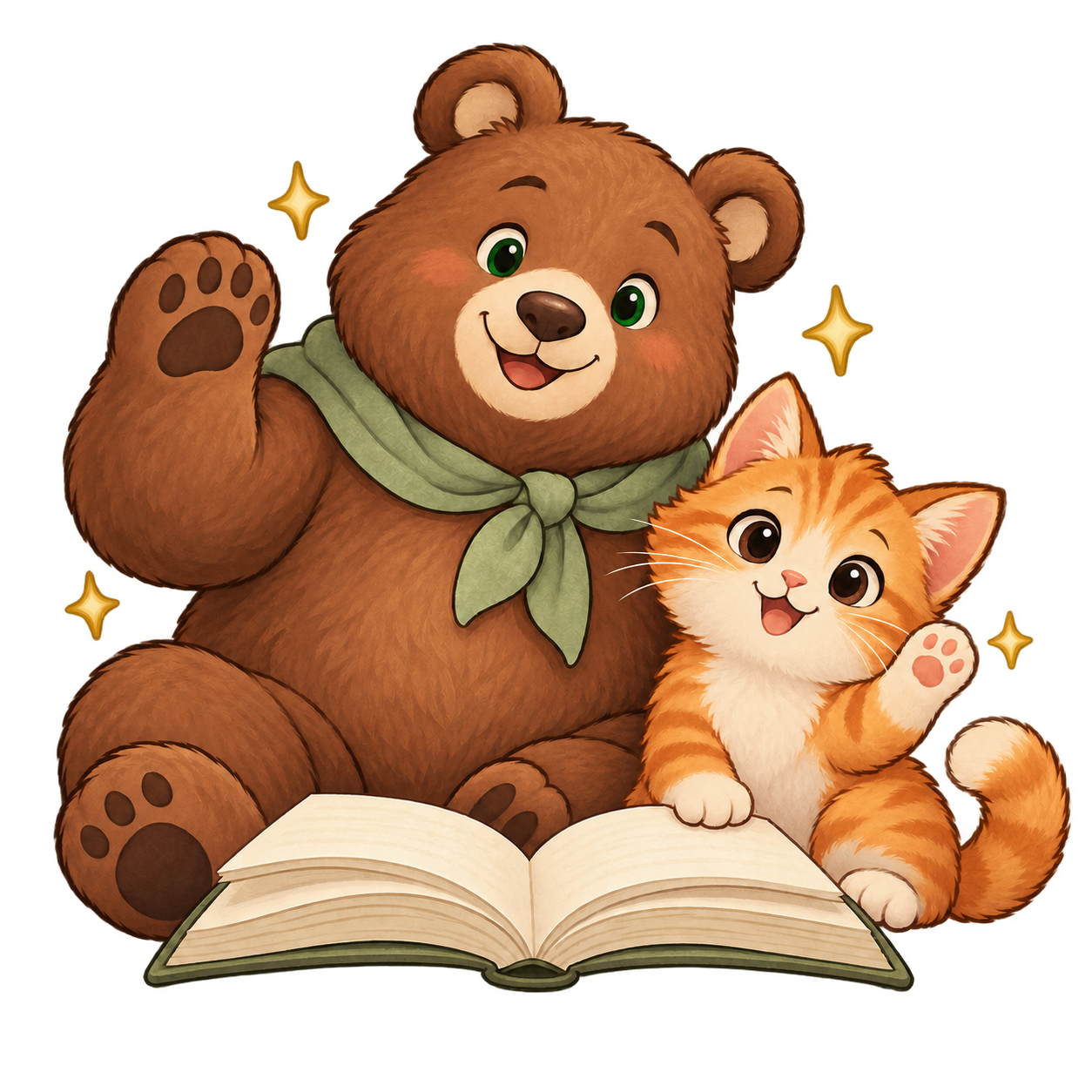 Медведь и котёнок читают книгу вместе
